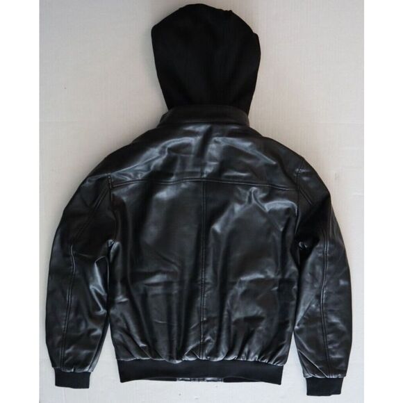 GUESS Men's Sz S Jet Black Faux-Leather Detachable-Hood Motorcycle Jacket - Picture 9 of 13